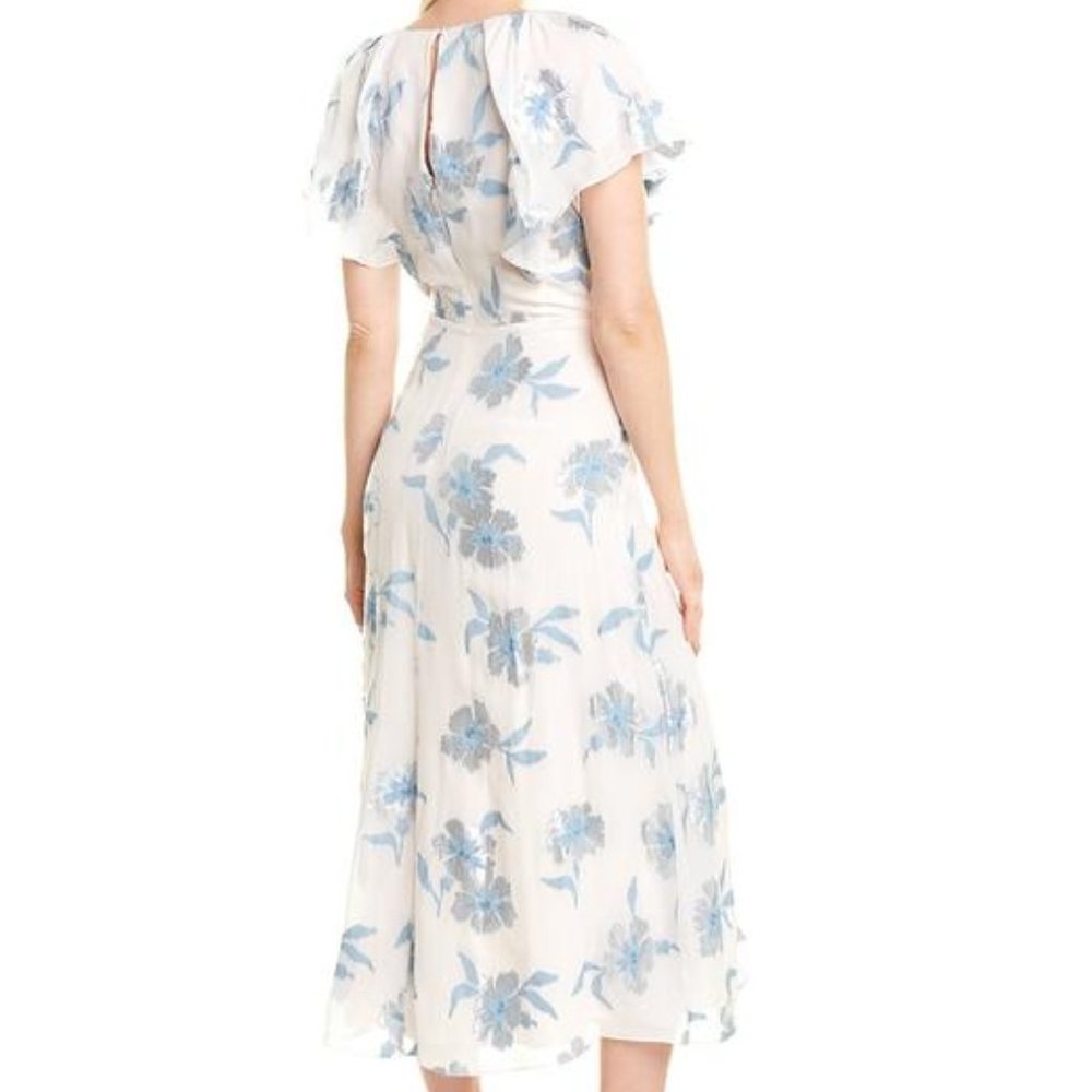 NEW Rebecca Taylor Women Met Fleur Silk Silver Floral Ruffle Flutter Midi Dress - Picture 5 of 7